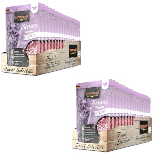 Leonardo Finest Selection Senior Huhn pur Doppelpack 2 x 16 x 85 g Nassfutter für ältere Katzen Lachsöl für seidiges Fell Rezeptur ohne Getreide und Zucker Mit Kürbis