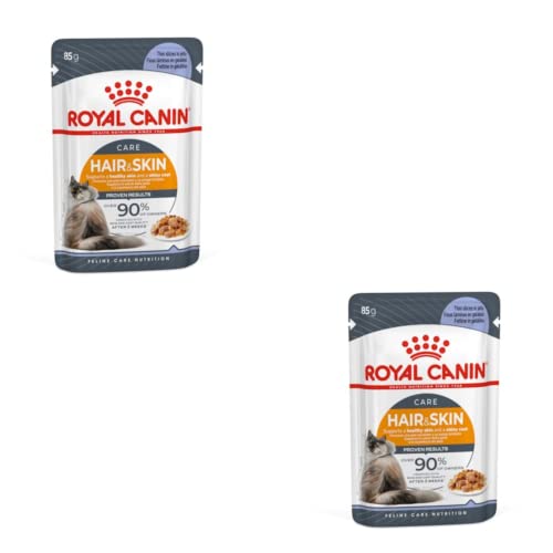 Royal Canin Hair Skin Care Jelly Doppelpack 2 x 12 x 85 g Alleinfuttermittel für Erwachsene Katzen Stückchen in Gelee Zur Unterstützung von Haut und Fell Mit Omega-3
