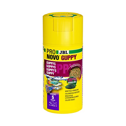 JBL PRONOVO GUPPY GRANO Hauptfutter für Guppys und Lebendgebärende von 3-10 cm Fischfutter-Granulat Klickdosierer Größe S 100 ml