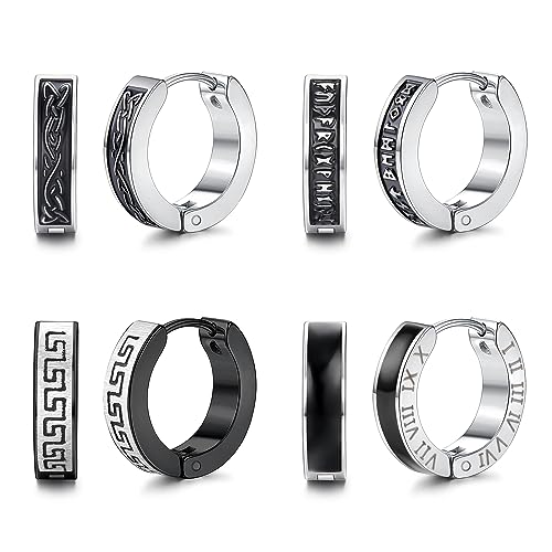 MILACOLATO 4 Paar Ohrringe Herren Frauen Wikinger Creolen Edelstahl Wikinger Creolen Scharnier Clicker Ohrringe Kleine Nordische Wikinger Schwarze Creolen für Männer Schmuck 12mm