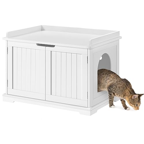 Yaheetech Katzenschrank für katzentoilette Holz Katzenhaus für große Katzen 75 5 x 51 x 52 5 cm Katzenhöhle mit magnetischen Türen Separate Trennwand Katzenklo Schrank Weiß