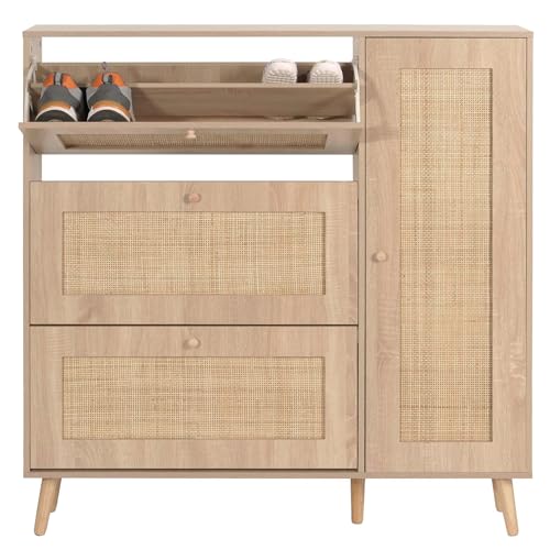 Rattan-Schuhkipper HWC-M37 Schuhregal Schuhschrank 3 Kippfächer 2 Regalböden 127x120x24cm Holz Melamin Eiche-Optik