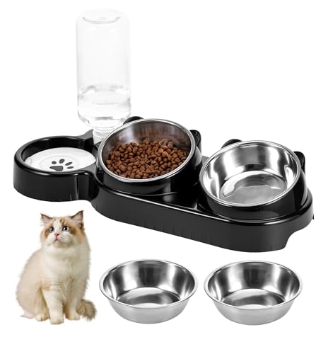 TranRantic 3-in-1 Katzennapf Katze Futternapf und Wassernapf-Set 15 Geneigte Edelstahl Katzennäpfe mit Wasserspender Erhöhte Katzenfressnapf für Katzen und Kleine Hunde Schwarz