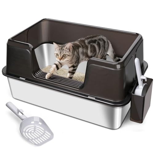 Katzenklo Edelstahl XXL Katzentoilette Edelstahl Geruchsresistent Katzenklo Groß mit Hoch Rand Auslaufsichere Nicht klebrig XXL Katzenklo für Große Katzen 60 L x 40 W x 31 5 H cm Schwarze