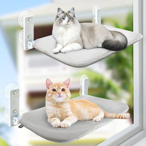 GUUSII HOME 2PCS Katzen Fensterliege Hängematte Fenster Katzenbett Fensterbank Katzenliege Faltbare Fensterplätze Kabelloses Katzenhängebett mit Starken Saugnäpfen 52 30cm Hält 25kg Grau M