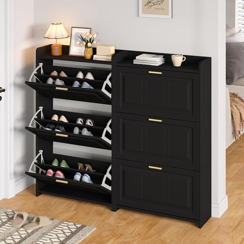 Schuhschrank Schuhregal mit 6 Fächern Schränke Schuhschränke Schuhhochschränke Kann in Fluren Türen Wohnzimmern und Büros aufgestellt werden MDF Spanplatte 2-teiliges Set Schwarz 70x24x120 cm x2