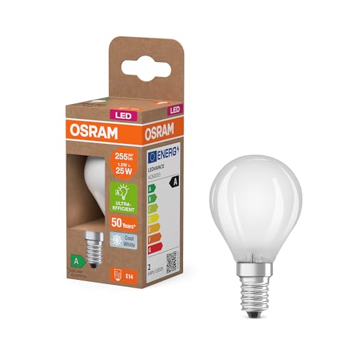 Osram LED-Lampe in klassischer Miniballform mit dekorativem LED-Filament im Frosted Design Energieeffizienzklasse A E14 1.2 W 255 lm 4000 K kaltweiß. Ohne Aufwärmen sofort 100% Licht.