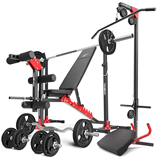 Marbo Sport Set MH25 Hantelbank 2-teiliger Langehantelständer Latzug Curl-Bank Beintrainer 1x SZ-Curlstange 2X Kurzhantelstange 1x Langhantelstange gummierte Gewichtsscheiben 83 insg. Kg