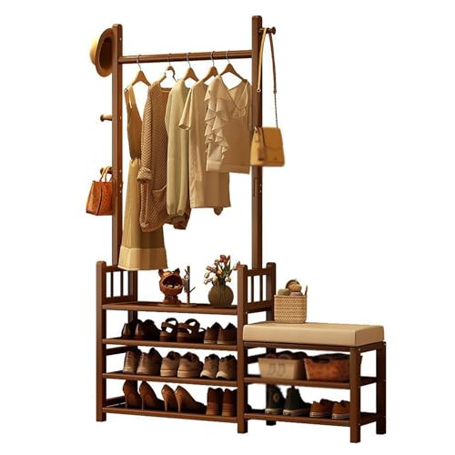 zxhrybh Bambus Hall Tree mit Bank und Schuhregal Freistehender Schuhregale Garderobenständer mit Ablagen für Flur Schlafzimmer Wohnzimmer 47.2in 120cm