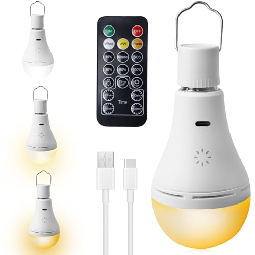 Leikurvo E27 LED Wiederaufladbare Glühbirne 1 Stück 9W USB-C 3 Farben mit Fernbedienung und Timer Funktion für Camping E27 Sockel