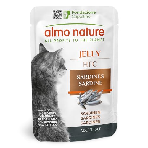 Almo Nature HFC Jelly Nassfutter für Erwachsene Katzen - Sardinen - Human-Grade Glutenfrei Monoprotein - 55 g 24 Stück