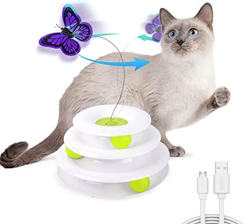 ALL FOR PAWS 2 in 1 Interactive Cat Tower Butterfly Toy Automatic Cat Butterfly Flutter Bug Toy Cat Enrichment Ball Track Smart Kitten Toys Interactive Cat Toy with 360 Rotating Butterfly USB
