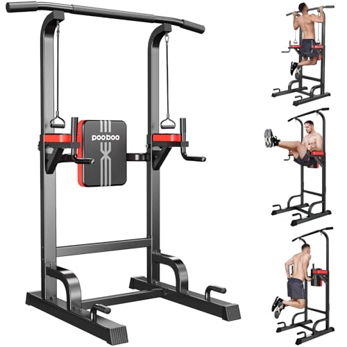 Pooboo Power Tower Multifunktionale Kraftstation für Zuhause mit 11-fach Höhenverstellung und Elastikband Klimmzugstange Freistehend für Home Gym Training Klimmzügen Dips Schwarz