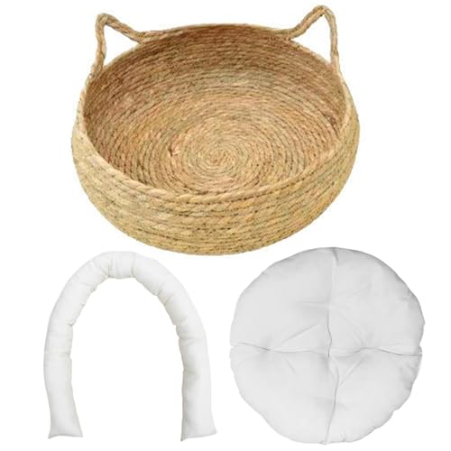 Porgeel Haustierbetten für Katzen 15x5in 2-in-1 gewebte Katzenkörbe Bett mit weichem Kissen Kratzfeste Kätzchen Bett gemütlichen runden Korbkörpern L L