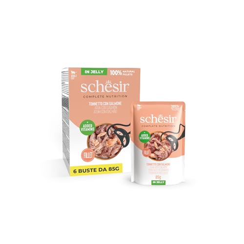Schesir Thunfisch mit Lachs in Gelee komplettes Nassfutter für Katzen im Beutel 100% natürliche Inhaltsstoffe tierversuchsfrei 6 x 85 g
