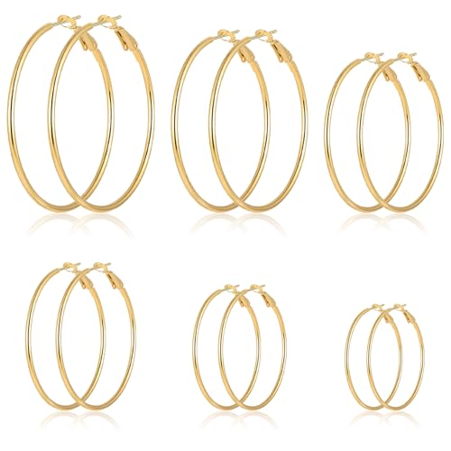 YUZHEDM 6 Paar Creolen Gold Ohrringe Gold Creolen Earrings Hoops Große Klein Mini Dünne Leichte Hypoallergen Runde Kreis Modeschmuck Set für Frauen Women 20 30 40 50 60 70 mm