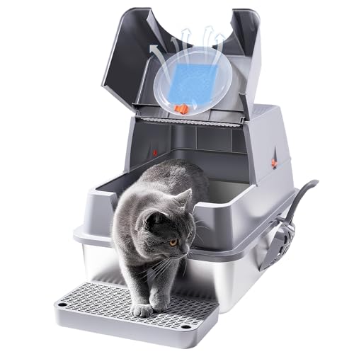 Casgee Katzenklo Edelstahl XXL mit Deckel Katzentoilette Edelstahl 37L Große Katzentoilette Groß mit Pedals und Schaufel Katzenklo Spritzsicher Leicht zu Reinigen 60x40x39 cm Schwarz