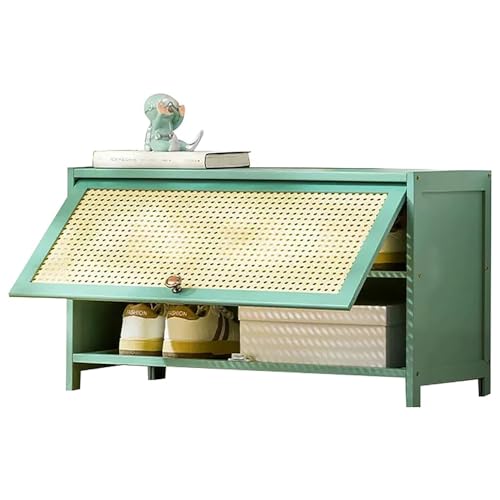 Mid Century Moderner Rattan-Schuhschrank natürlicher Bambus-Schuhschrank mit Klapptüren platzsparendes 2-stöckiges Schuhregal für Eingangsbereich Flur Schlafzimmer grünes Finish 80 cm Größe