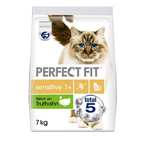 Perfect Fit Sensitive 1 Katzentrockenfutter für erwachsene sensible Katzen ab 1 Jahr Reich an Truthahn Ohne Weizen und Soja Unterstützt die Verdauung Katzenfutter Beutel 1 x 7kg
