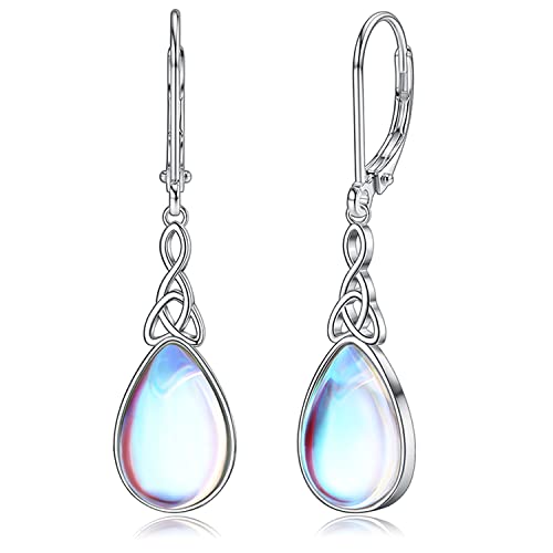 MILACOLATO 925 Silber Ohrringe Für Damen Mädchen Regenbogen Mondstein Hängend Leverback Creolen Ohrringe Keltisches Dreieck Tropfen Mondstein Ohrringe Hypoallergener Schmuck SB