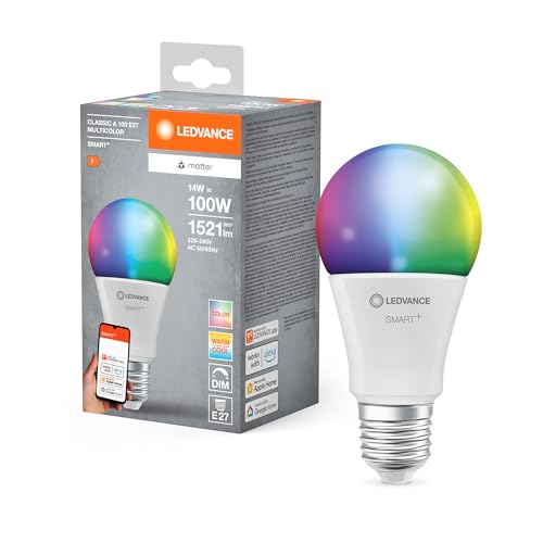 Ledvance SMART MATTER LED-Lampe weiße Frost-Optik 14W 1521lm klassische Glühlampenform mit E27 Farblicht und Weißlicht App- oder Sprachsteuerung bis zu 20.000 Std. Lebensdauer single pack