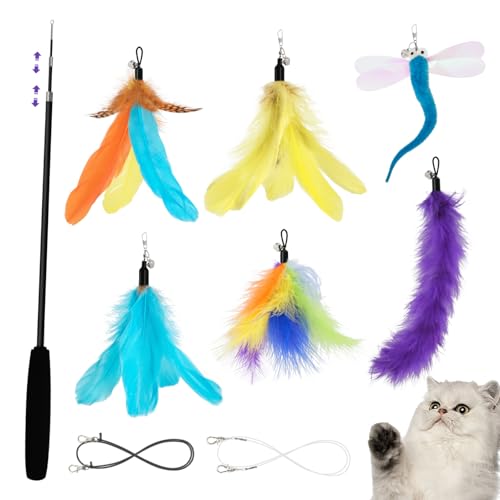 SONGWAY Interaktives Katzenspielzeug Angel mit Feder Einziehbarer Katzenangel lang Katzenspielzeug Set mit 6 Katzenangel Ersatzfedern Anhänger Feder Glocke für Kätzchen und Katzen
