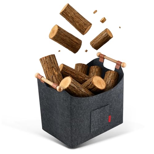 Siegvoll Holzkorb für Kaminholz aus Filz großer Kaminholzkorb 45x32x40cm faltbare Filztasche mit rutschfestem Griff für Aufbewahrung robuster Brennholzkorb für Kamin Geschenke zu Weihnachten