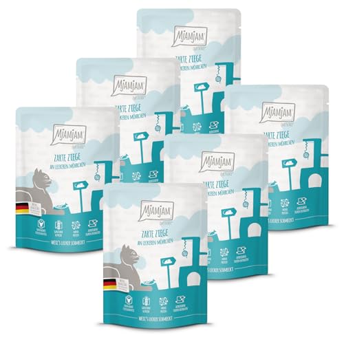 MjAMjAM - Premium Nassfutter für Katzen - Quetschie - zarte Ziege an leckeren Möhrchen 6er Pack 6 x 300 g getreidefrei mit extra viel Fleisch