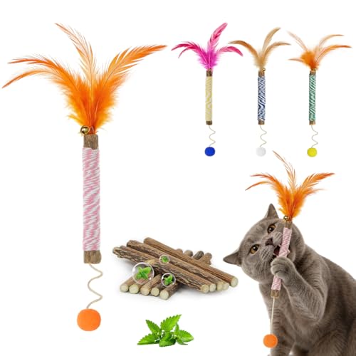 OSDUE 4 Stück Bunte Katzenkaustöcke und 10 Katzenminze Stick Matatabi-Kausticks Katzenspielzeug Katzen Kauhölzer Sticks für Katzen Zahnpflege Gegen Mundgeruch Natürlich Sicher Katzensticks