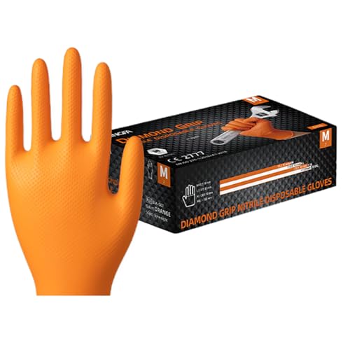 KINGFA DIAMOND GRIP Extra Stark Nitrilhandschuhe Hochfeste texturierte Einweghandschuhe für Kfz Industrie Labor Arbeitshandschuhe Öl- und Chemikalienbeständig 50 Stk Box 50 Orange XL