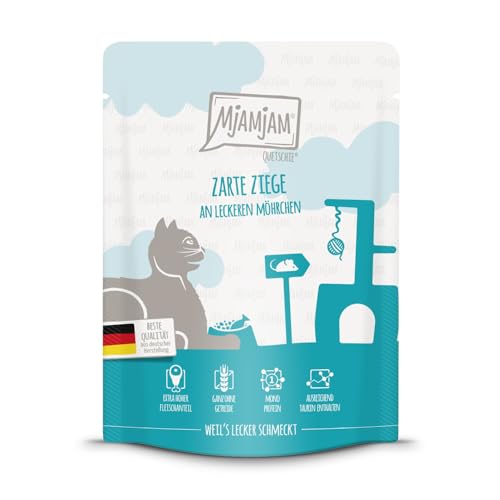 MjAMjAM - Premium Nassfutter für Katzen - Quetschie - zarte Ziege an leckeren Möhrchen 1er Pack 1 x 300 g getreidefrei mit extra viel Fleisch