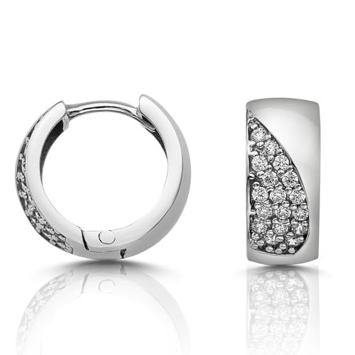 Cassini Breite Creolen Damen Ohrringe aus 925 Sterling Silber Matt Poliert Verziert mit Zirkonia Steinen Hypoallergen Allergiefrei Elegante Silber Creolen 3CZQ