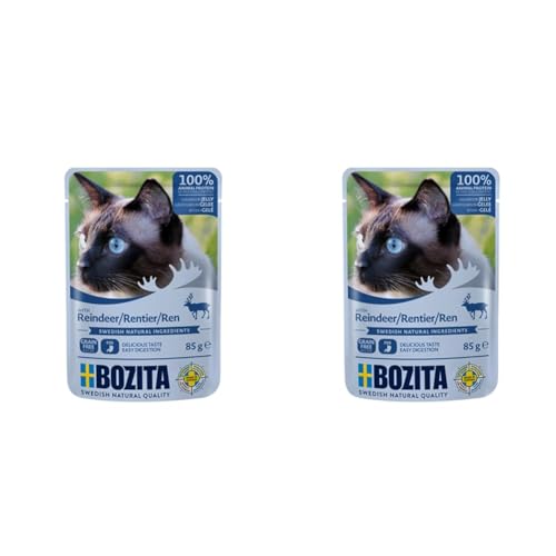 BOZITA Nassfutter Häppchen in Gelee mit Rentier 12x85g Pouch Portionsbeutel - getreidefrei - für Erwachsene Katzen - Alleinfuttermittel Packung mit 2