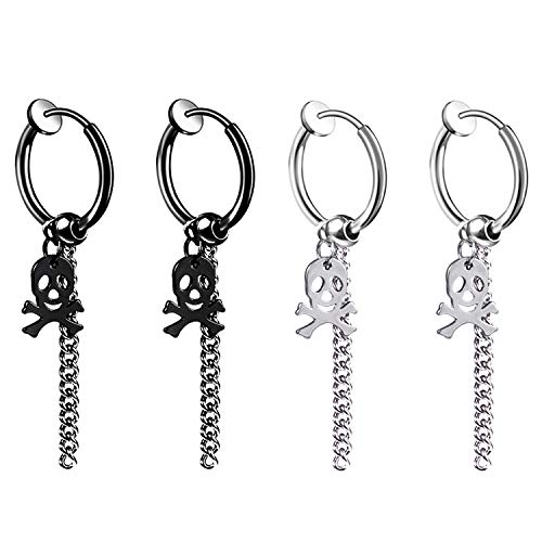 JewelryWe Schmuck 2 Paar Herren Damen Ohrringe Edelstahl Ohrstecker Totenkopf Sch del Kette H ngend Huggie Creolen Ohrringe Ohr-Piercing Ohrh nger Schwarz Silber