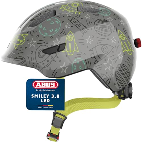 ABUS Kinderhelm Smiley 3.0 LED - Fahrradhelm mit Licht - tiefe Passform Platz für einen Zopf - für Mädchen und Jungs - Grau mit Weltall-Muster Größe S S 45-50 cm