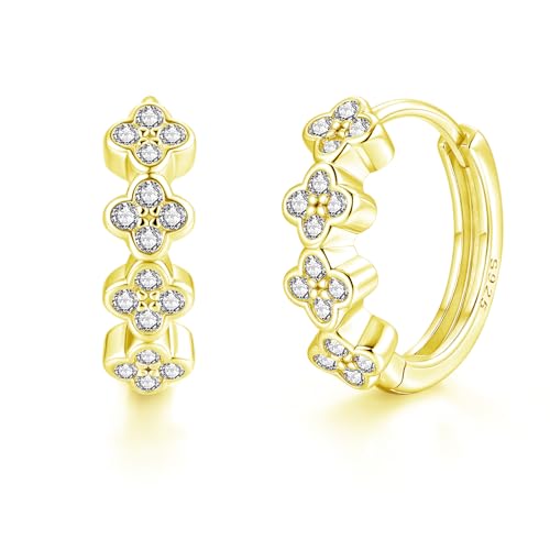 Kamise Creolen Silber 925 Klein 925 Sterling Silber Kleeblatt Creolen Ohrringe für Damen Mädchen Kinder Gold Hypoallergene Ohrring mit Zirkonia Schlafen Klappcreolen Ohrringe Geschenk mit Box
