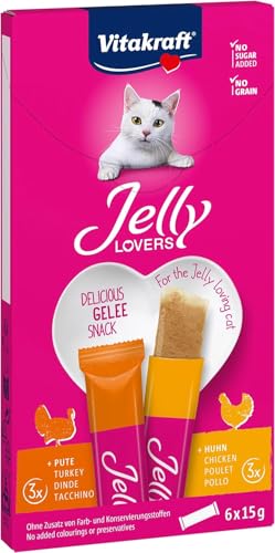 Vitakraft Jelly Lovers Katzen Leckerli Gel Katzensnack mit Huhn und Pute einzelne Sticks ohne Zusatz von Zucker 1 Paket mit 6X 15g
