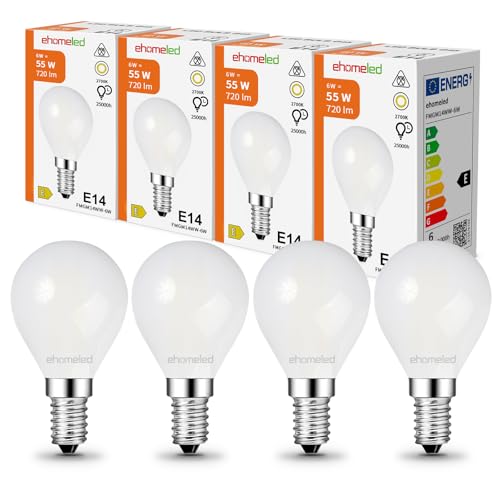 ehomeled E14 LED G45 Mini Glühbirne Warmweiß 2700K Opalglas Retro-Filament 720lm 6W 55W Blendfreie LED Lampe für Schlafzimmer Hotel 4er-Pack