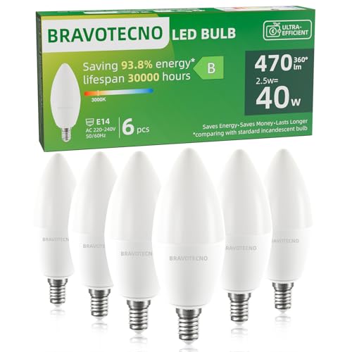 bravotecnoühbirne Energieklasse B Warmweiss 3000K 2.5W 470LM C37ß Leuchtmittel Entspricht 40W 360 Abstrahlwinkel Wärmearm Langlebig 6 Stück