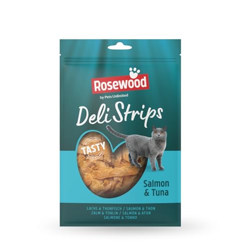 Rosewood Deli Strips Thunfisch- und Lachsstreifen für Katzen 40g Mit 65% Lachs und 15% Thunfisch Getreidefrei ohne Farbstoffe oder künstliche Aromen Zarte Katzenleckerlis