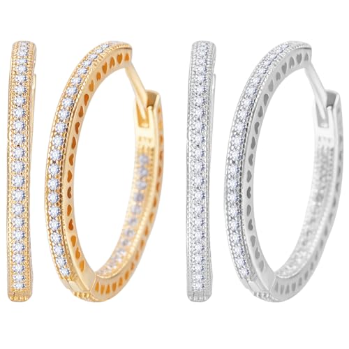 Beebeecraft 4 Stück 2 Farben Zirkonia 18K Gold Sterling Silber Plattiertes Messing 26mm Huggie Ohrringe Für Frauen Sleepers Leichte Ohrring Sets
