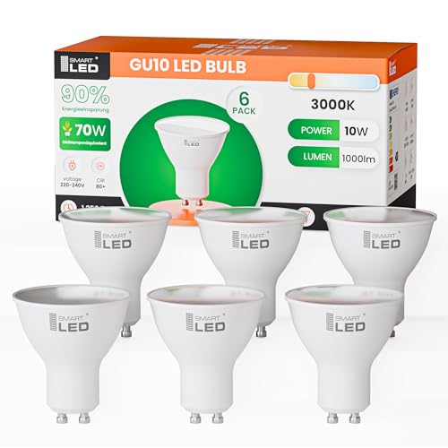 SmartLED Gu10 LED Warmweiß CRI 80 10W 1000Lm 3000K Warme Lichtfarbe 60W Halogenlampen Ersetzt 120 Grad Abstrahlwinkel GU10 LED Reflektorlampe Nicht-Dimmbar 6 Stück 6 Warme Lichtfarbe
