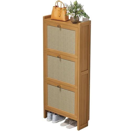 Schuhschrank aus Bambus schmal 2 3 Türer freistehend 17 schmales Klapptüren für Flur Wohnzimmer 50x 17x Holzfarbe