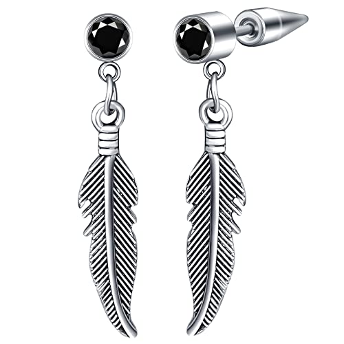 feilok Edelstahl Schwarz Zirkon Ohrringe Feder für Herren Damen Ohrringe Männer Creolen Ohrringe Hängend Silber Ohrringe Creolen mit Anhänger