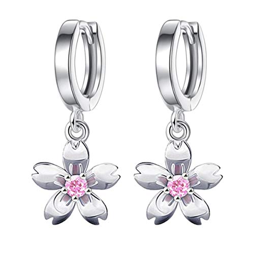 Wunhope Ohrringe Damen Ohrhänger Creolen 925er Silber Mode Zirkonia Pink Blumen Hoop Ohrschmuck FÜR Frauen Mädchen Hypoallergen