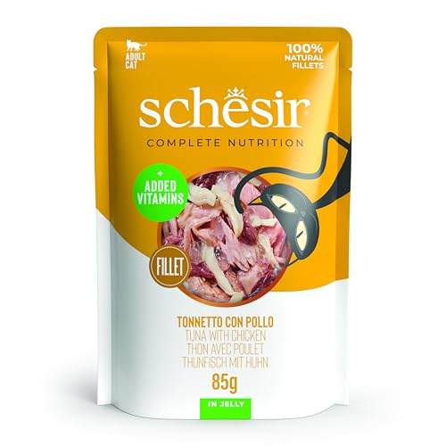 Schesir Thunfisch mit Huhn in Gelee komplettes Nassfutter für Katzen im Beutel 100% natürliche Inhaltsstoffe tierversuchsfrei 12 x 85 g
