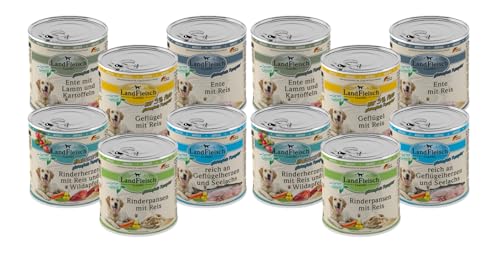 Landfleisch Classic Hundefutter 12 x 800g Mixpaket mit garantiert 10 Sorten Nassfutter für Hunde mit extra viel Fleisch und Gemüse