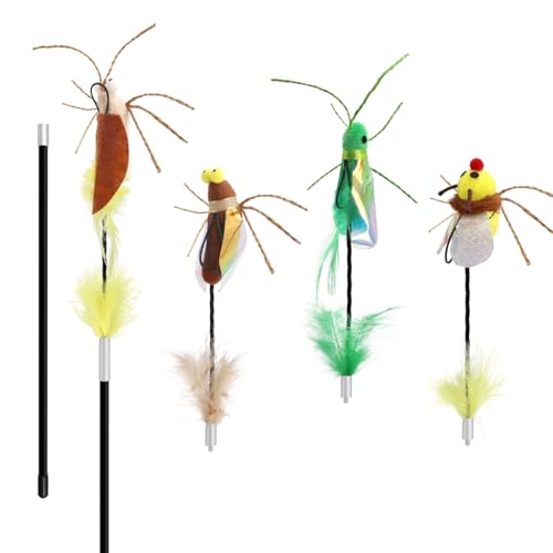 SONGWAY Katzenspielzeug Angel mit Feder Insekten - Katzen Angel Set mit 2 Stab und 4 Insekten Ködern Anhänger Katzenspielzeug Feder Interaktives Katzenspielzeug für Kätzchen und Katzen