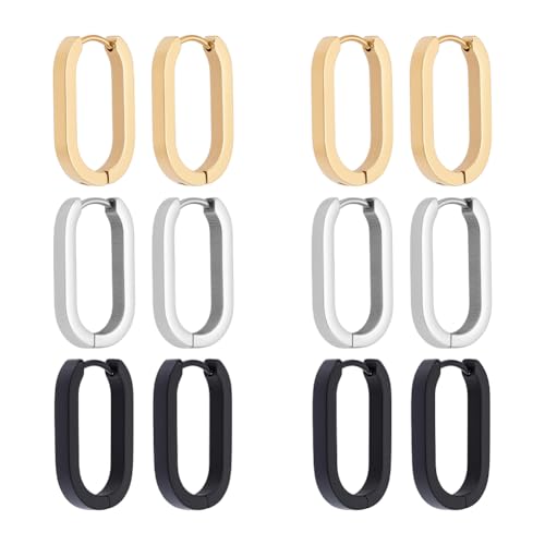 UNICRAFTALE 12 Stück 3 Farben Edelstahl Huggie Creolen 21mm Lang Oval Endlos Creolen Huggie Ohrring Sleepers Piercing Ohrring Für Frauen