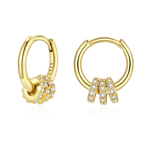 Ohrringe Silber 925 mit 3 Kleinen Creolen Anhängern für Damen AAA Zirkonia Hypoallergen Gold Creolen Ohrringe Gold Schmuck für Mädchen-9mm